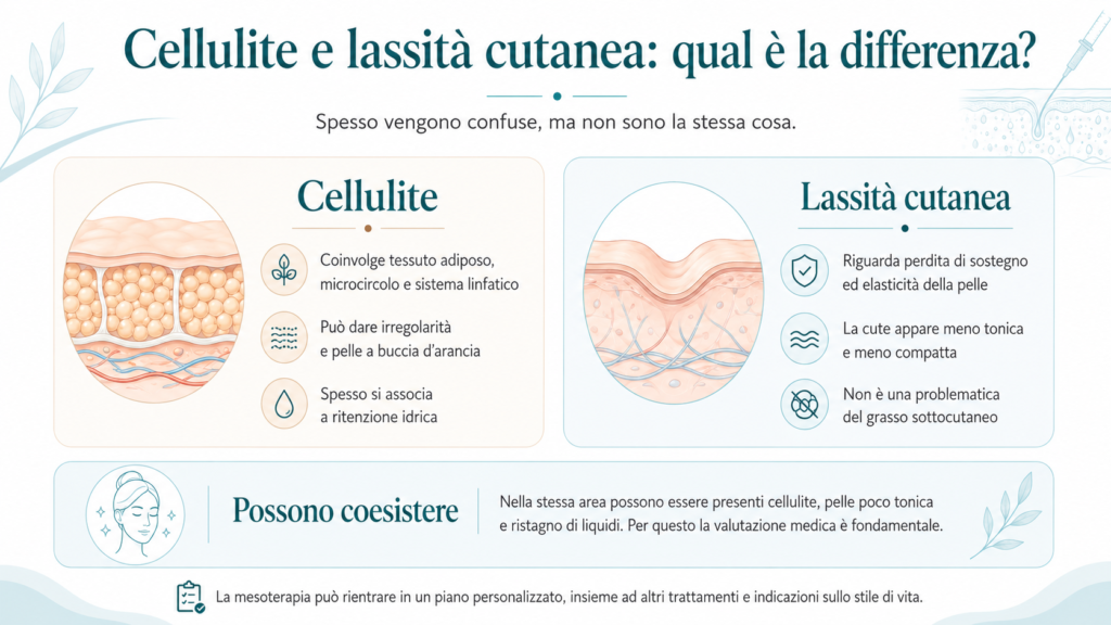 Infografica che confronta cellulite e lassità cutanea, evidenziando le principali differenze: la cellulite coinvolge tessuto adiposo, microcircolo e ritenzione idrica, mentre la lassità cutanea riguarda perdita di sostegno, elasticità e tonicità della pelle.