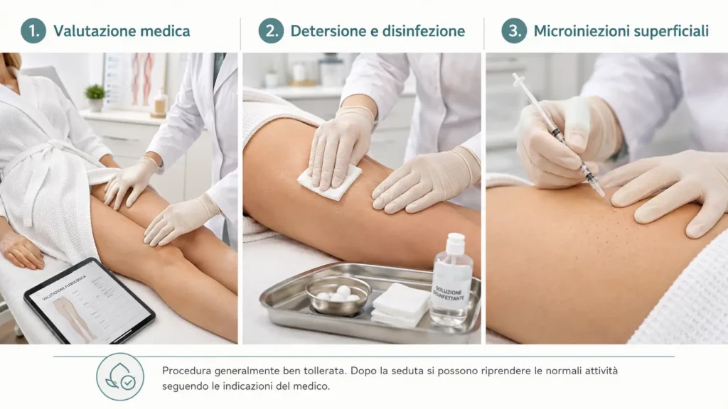 Infografica sulle fasi di una seduta di mesoterapia: valutazione medica, detersione della pelle e microiniezioni superficiali.