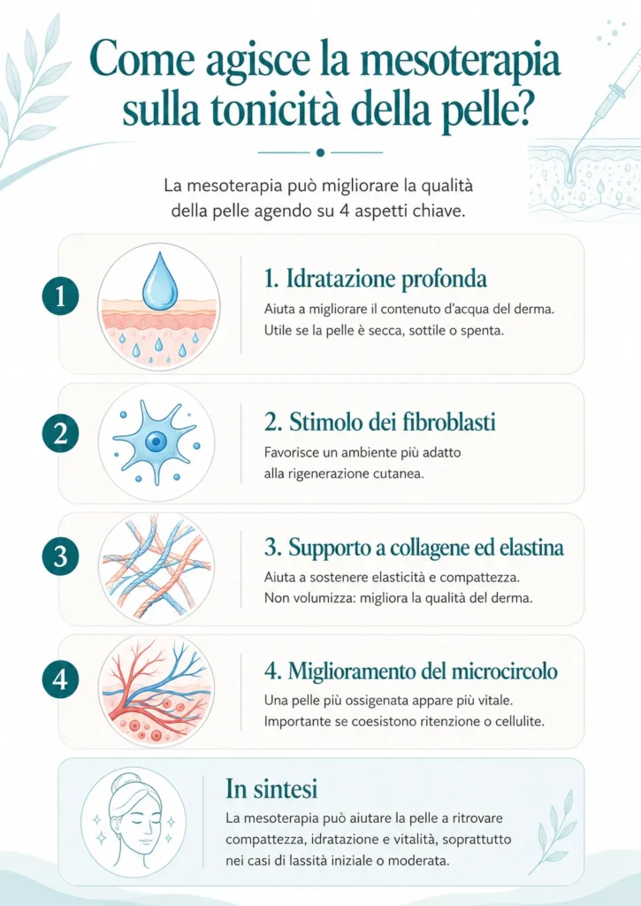 Infografica medica che spiega come la mesoterapia può agire sulla tonicità della pelle attraverso quattro aspetti: idratazione profonda, stimolo dei fibroblasti, supporto a collagene ed elastina e miglioramento del microcircolo.
